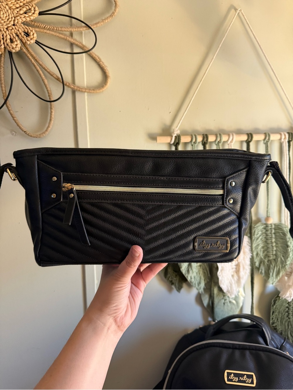 Itzy Ritzy Black Quilted Stroller Bag with Gold Hardware